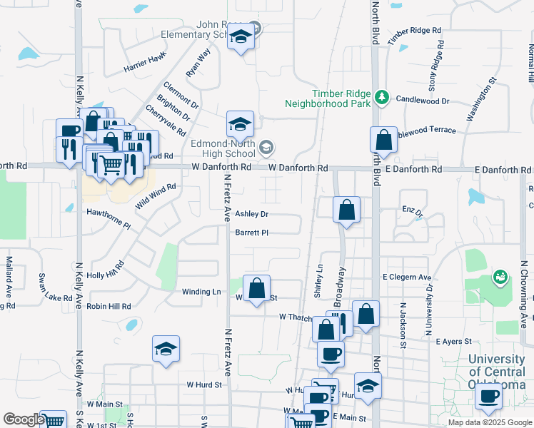 map of restaurants, bars, coffee shops, grocery stores, and more near 209 Ashley Drive in Edmond
