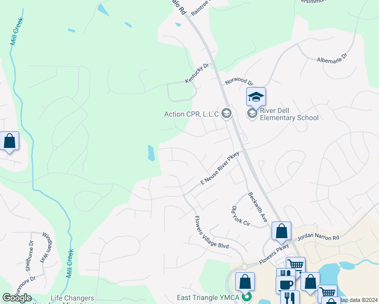 map of restaurants, bars, coffee shops, grocery stores, and more near Flowers Crest Way in Clayton