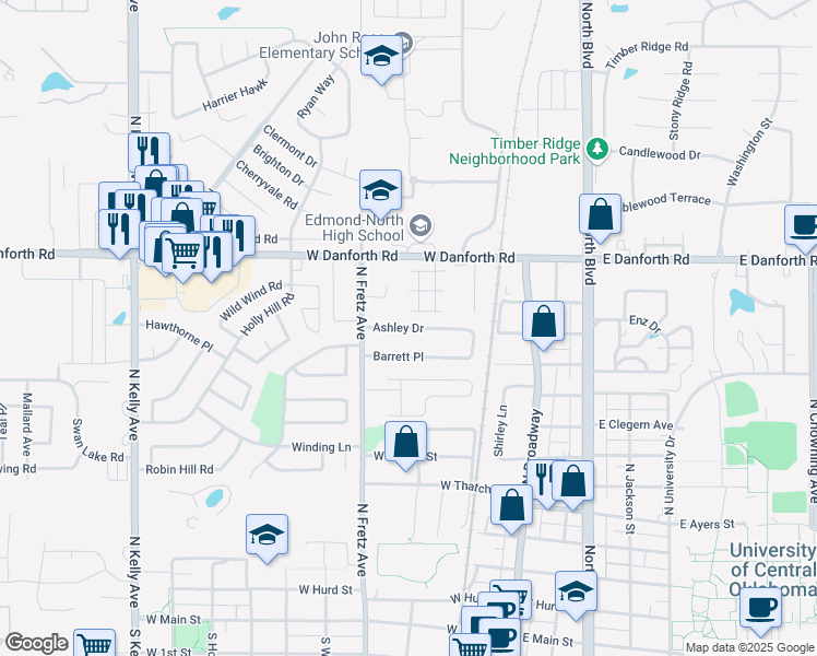 map of restaurants, bars, coffee shops, grocery stores, and more near 209 Ashley Drive in Edmond