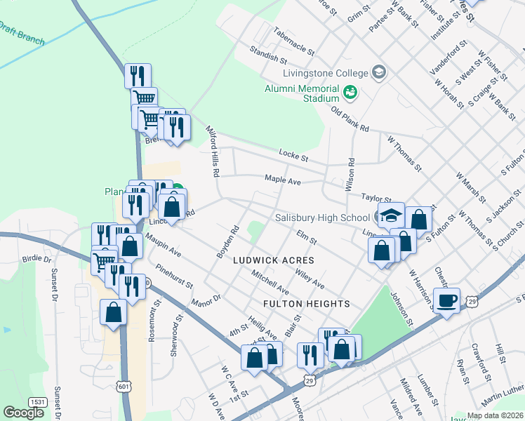 map of restaurants, bars, coffee shops, grocery stores, and more near 908 Lincolnton Road in Salisbury