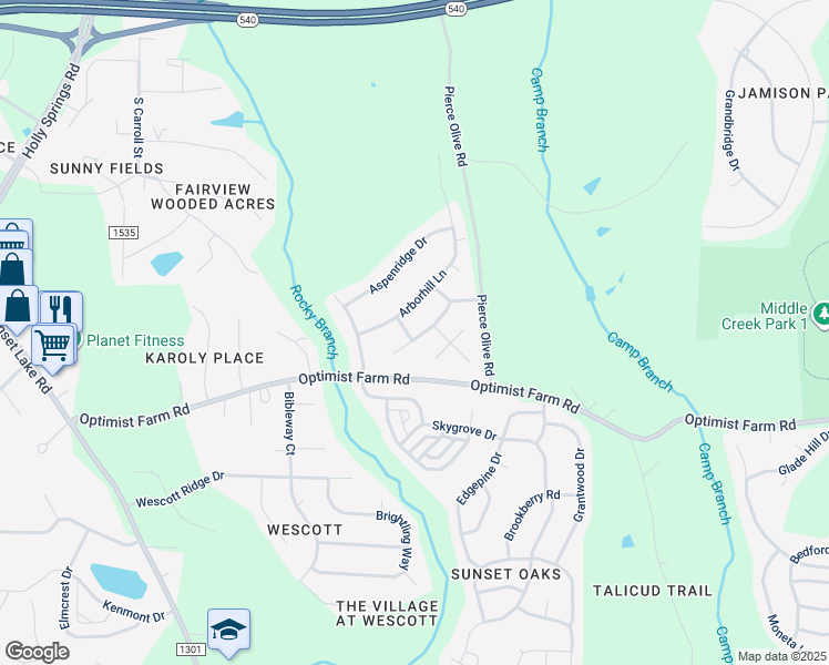 map of restaurants, bars, coffee shops, grocery stores, and more near 109 Skywater Lane in Holly Springs