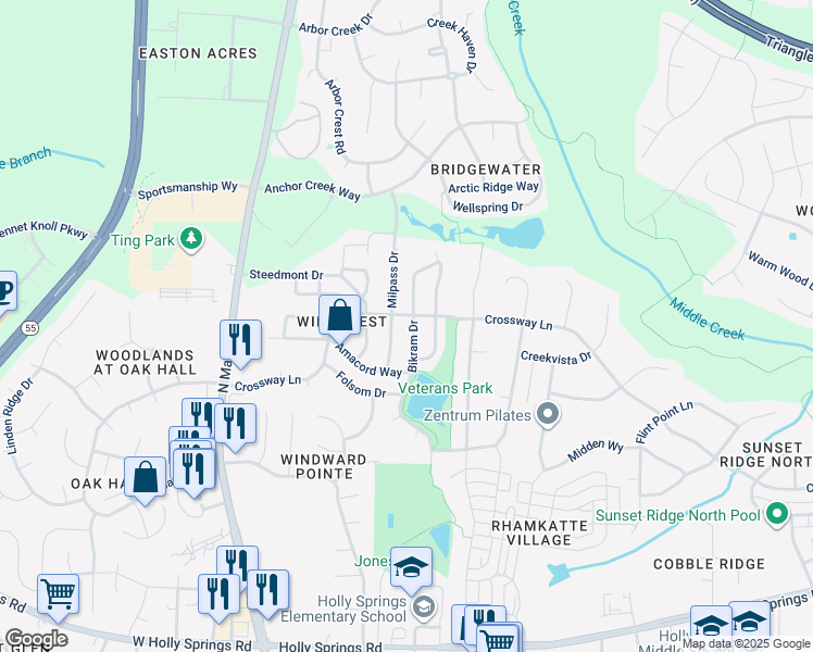 map of restaurants, bars, coffee shops, grocery stores, and more near 204 Bikram Drive in Holly Springs
