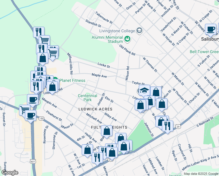 map of restaurants, bars, coffee shops, grocery stores, and more near 816 Lincolnton Road in Salisbury