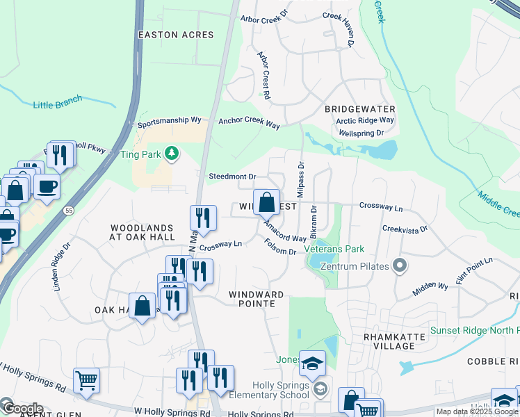 map of restaurants, bars, coffee shops, grocery stores, and more near 101 Palmdale Court in Holly Springs