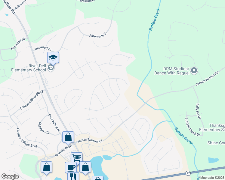 map of restaurants, bars, coffee shops, grocery stores, and more near 695 River Dell Townes Avenue in Clayton