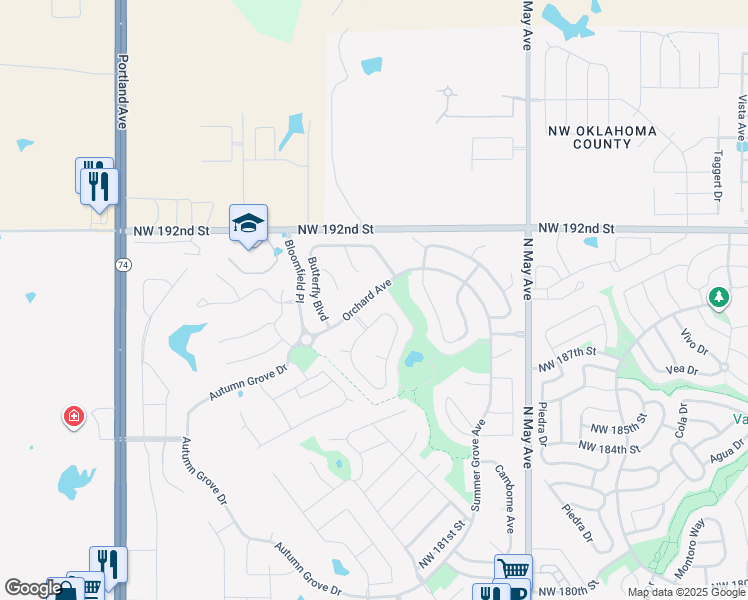 map of restaurants, bars, coffee shops, grocery stores, and more near 3212 Orchard Avenue in Edmond