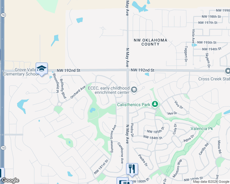 map of restaurants, bars, coffee shops, grocery stores, and more near 19112 Summer Grove Avenue in Edmond