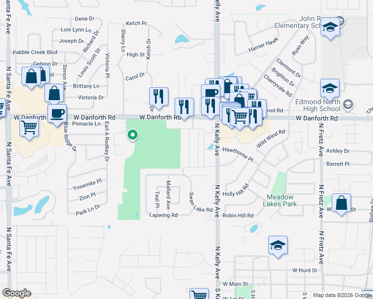 map of restaurants, bars, coffee shops, grocery stores, and more near 1107 Swan Lake Rd in Edmond