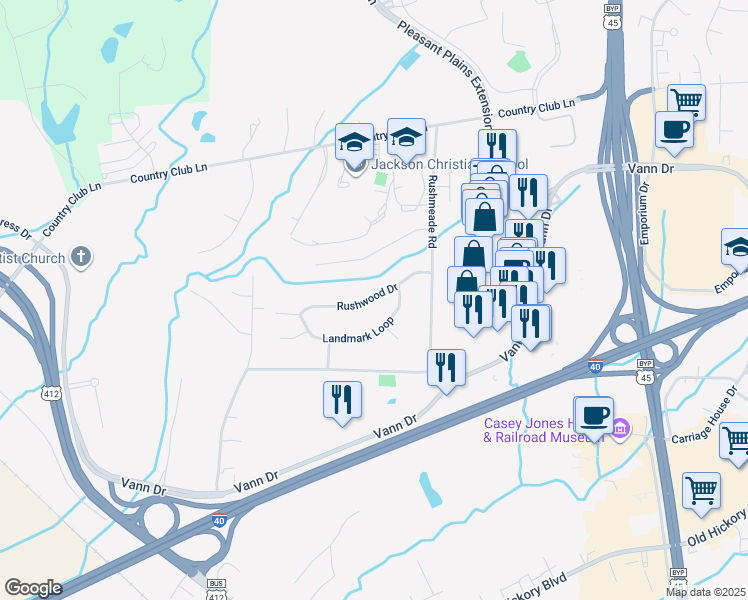 map of restaurants, bars, coffee shops, grocery stores, and more near 75 Rushwood Drive in Jackson