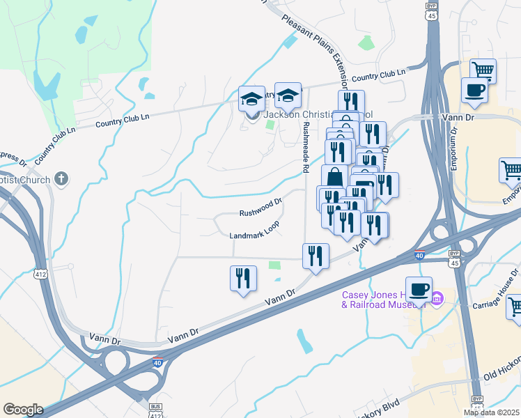 map of restaurants, bars, coffee shops, grocery stores, and more near 75 Rushwood Drive in Jackson