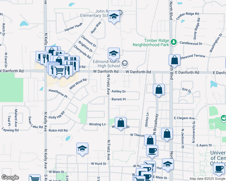 map of restaurants, bars, coffee shops, grocery stores, and more near 237 Ashley Drive in Edmond