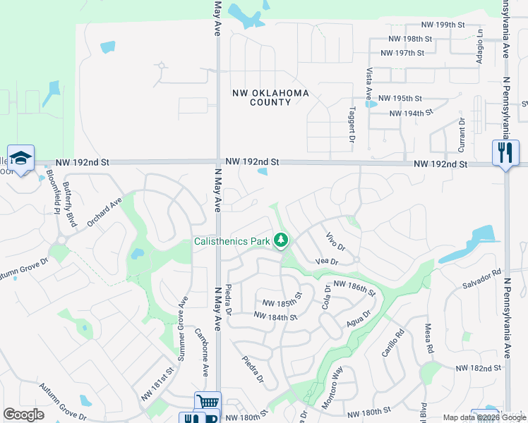 map of restaurants, bars, coffee shops, grocery stores, and more near 2713 Northwest 189th Street in Edmond