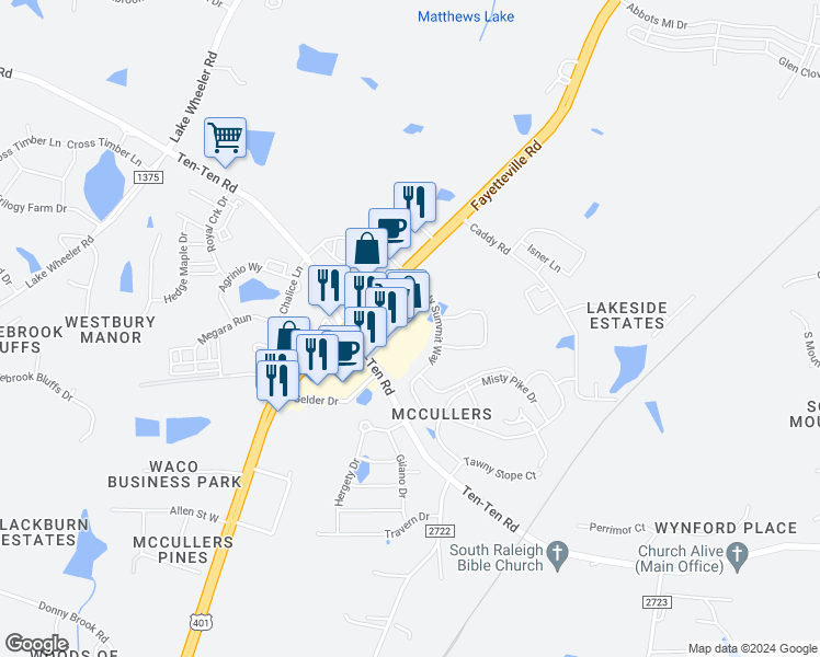 map of restaurants, bars, coffee shops, grocery stores, and more near 7955 Fayetteville Road in Raleigh