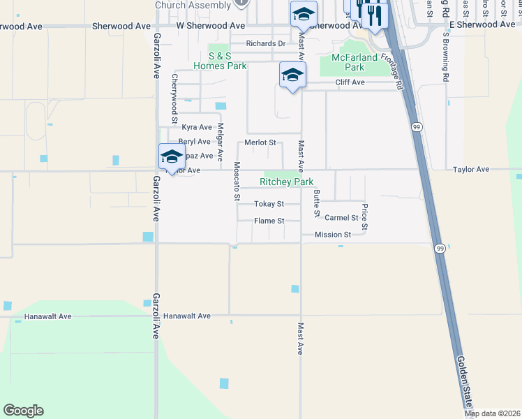 map of restaurants, bars, coffee shops, grocery stores, and more near 598 Tokay Street in McFarland