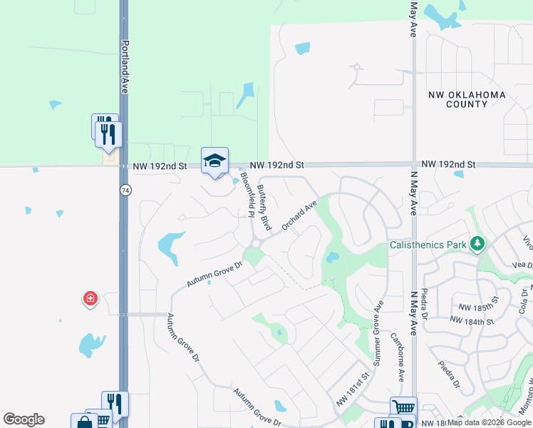 map of restaurants, bars, coffee shops, grocery stores, and more near 19004 Butterfly Boulevard in Edmond