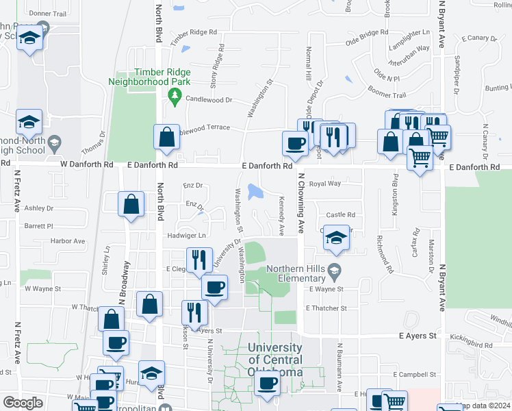 map of restaurants, bars, coffee shops, grocery stores, and more near 1012 Jefferson Street in Edmond