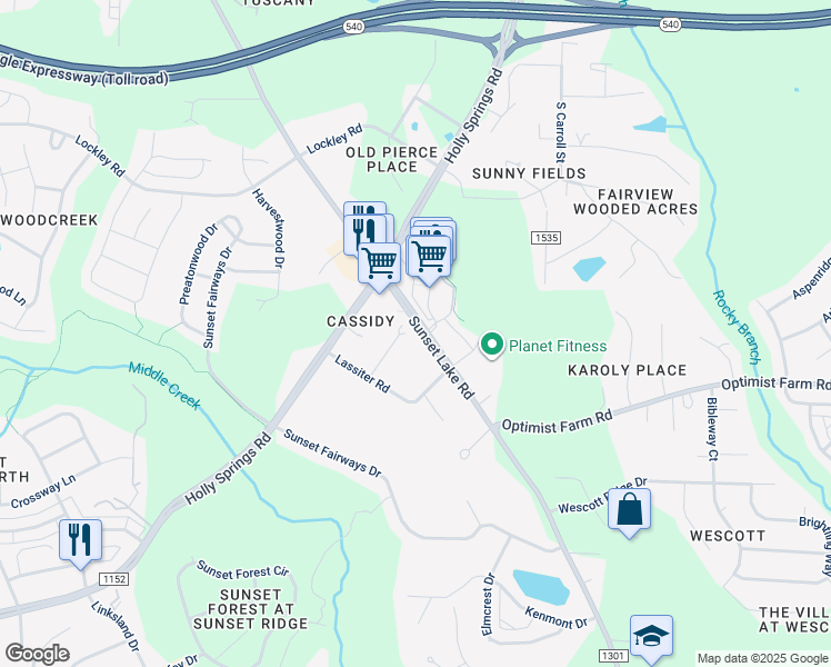 map of restaurants, bars, coffee shops, grocery stores, and more near 5232 Sunset Lake Road in Holly Springs