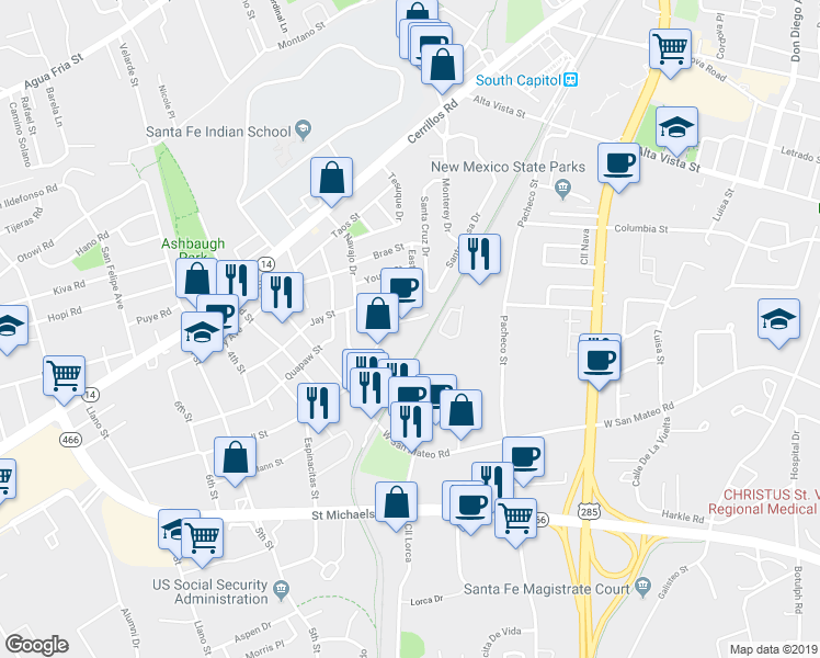 map of restaurants, bars, coffee shops, grocery stores, and more near 1600 Lena Street in Santa Fe