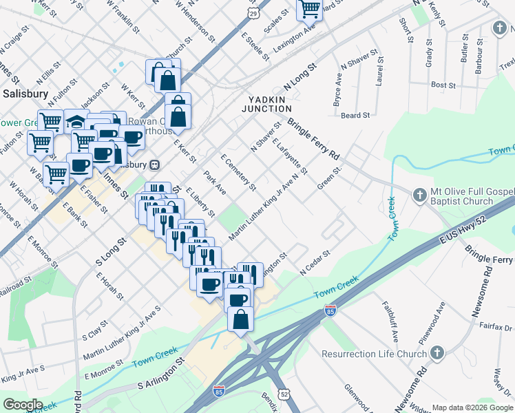 map of restaurants, bars, coffee shops, grocery stores, and more near 422 Martin Luther King Junior Avenue North in Salisbury