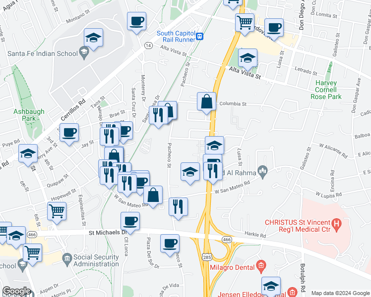 map of restaurants, bars, coffee shops, grocery stores, and more near 826 Camino De Monte Rey in Santa Fe