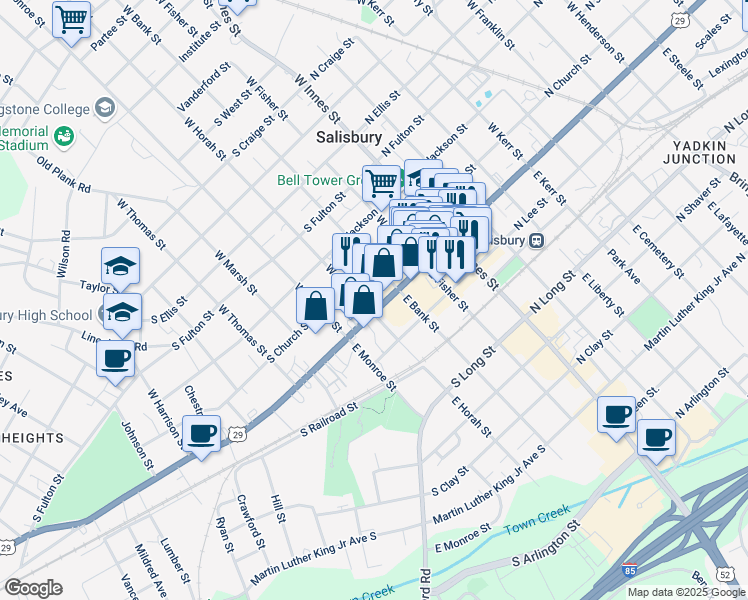 map of restaurants, bars, coffee shops, grocery stores, and more near 322 South Main Street in Salisbury