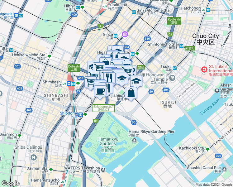 map of restaurants, bars, coffee shops, grocery stores, and more near in Chuo City