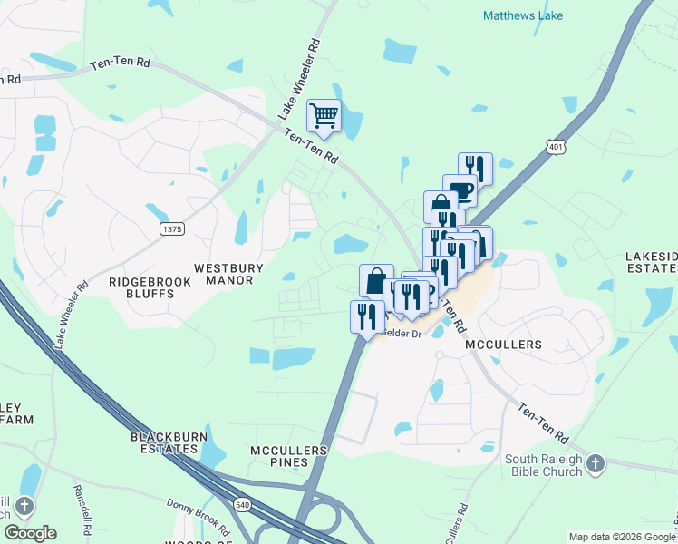 map of restaurants, bars, coffee shops, grocery stores, and more near 5004 Megara Run in Raleigh