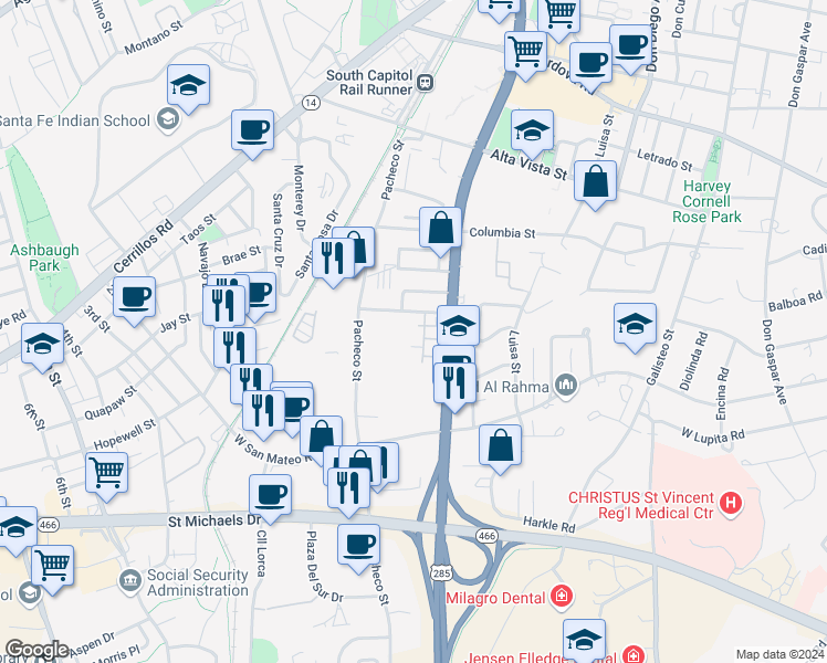 map of restaurants, bars, coffee shops, grocery stores, and more near 1440b South Saint Francis Drive in Santa Fe