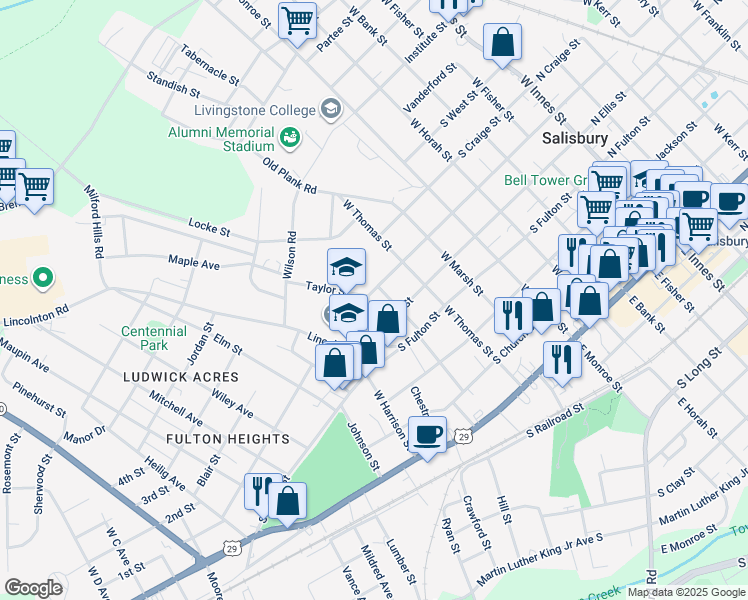map of restaurants, bars, coffee shops, grocery stores, and more near 521 West McCubbins Street in Salisbury