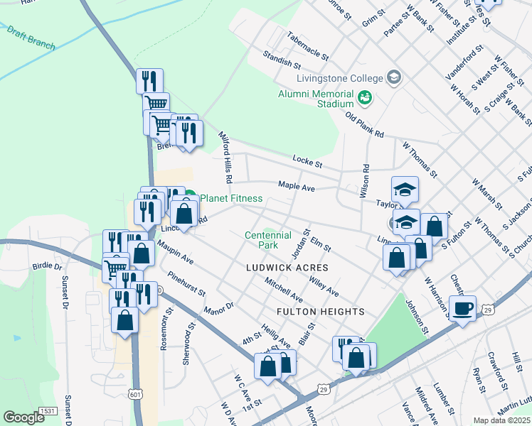 map of restaurants, bars, coffee shops, grocery stores, and more near 927 Lincolnton Road in Salisbury