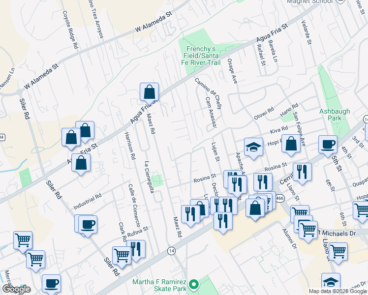 map of restaurants, bars, coffee shops, grocery stores, and more near 2503 Gallegos Drive in Santa Fe