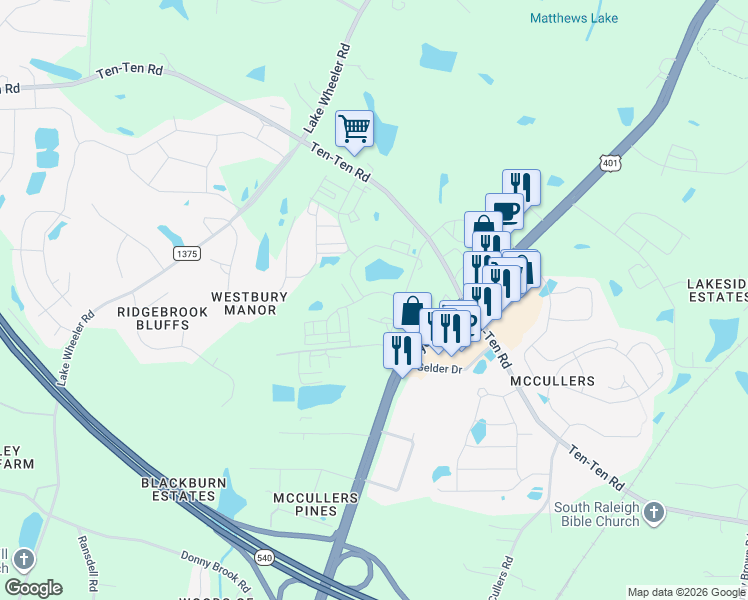 map of restaurants, bars, coffee shops, grocery stores, and more near 5004 Megara Run in Raleigh