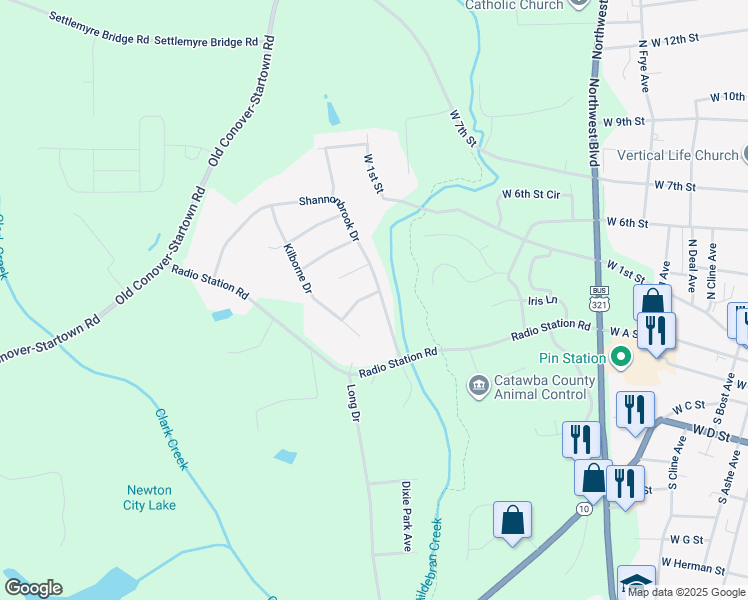 map of restaurants, bars, coffee shops, grocery stores, and more near 134 Shannonbrook Dr in Newton