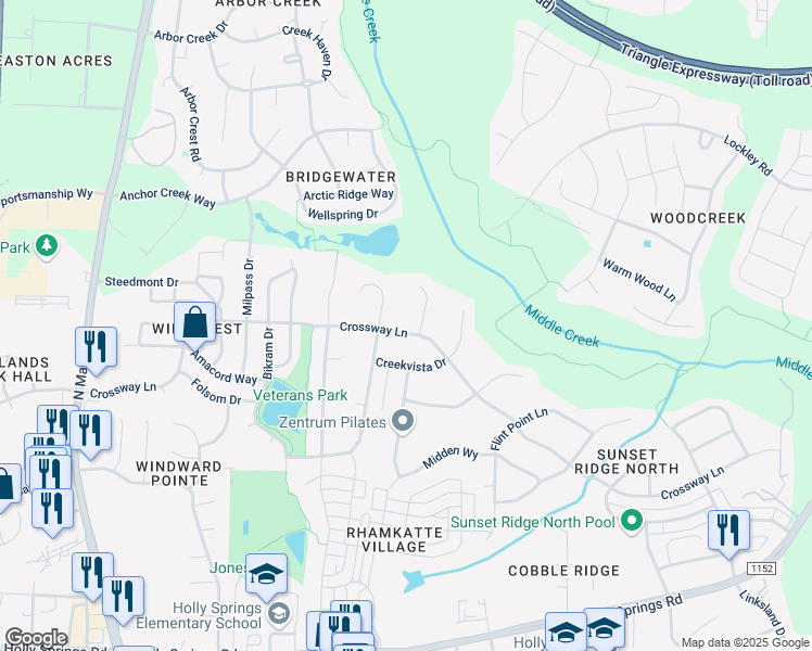 map of restaurants, bars, coffee shops, grocery stores, and more near 1004 Crossway Lane in Holly Springs