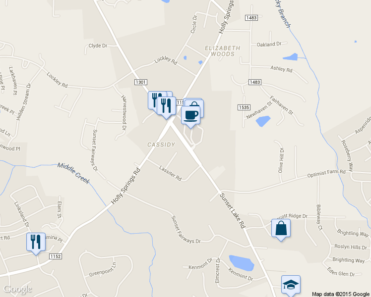 map of restaurants, bars, coffee shops, grocery stores, and more near 5232 Sunset Lake Road in Holly Springs