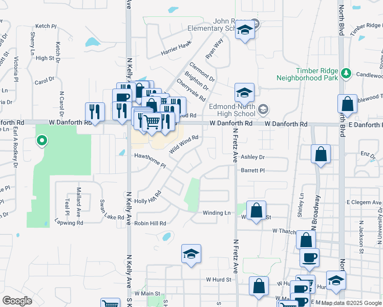 map of restaurants, bars, coffee shops, grocery stores, and more near 504 Holly Hill Road in Edmond