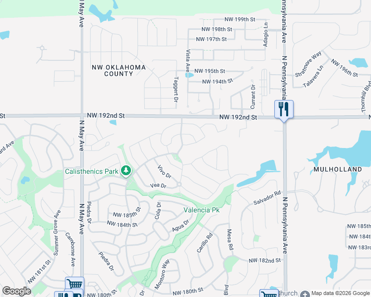 map of restaurants, bars, coffee shops, grocery stores, and more near 19005 Valencia Park Drive in Edmond