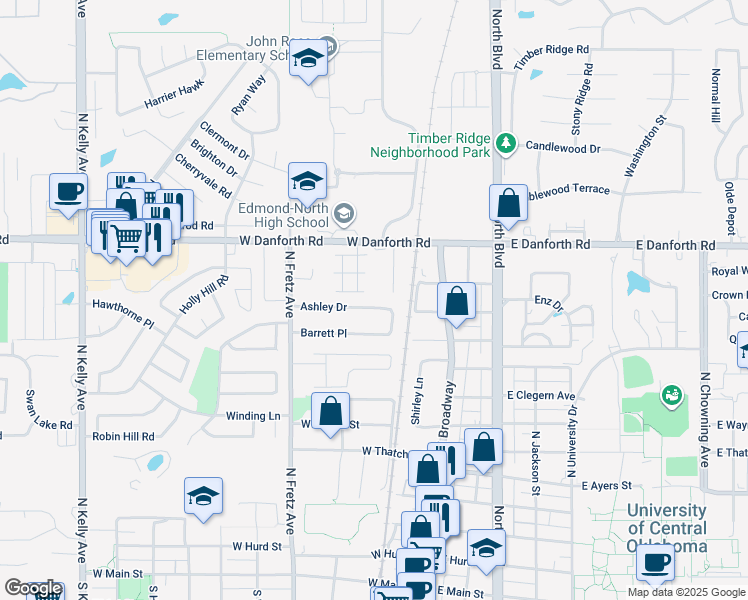 map of restaurants, bars, coffee shops, grocery stores, and more near 115 Ashley Drive in Edmond