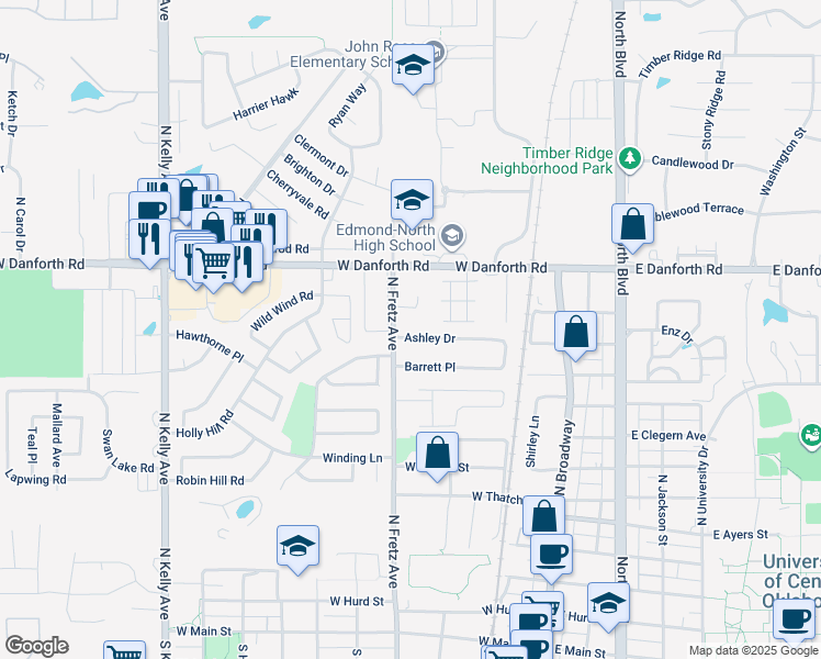 map of restaurants, bars, coffee shops, grocery stores, and more near 237 Ashley Drive in Edmond