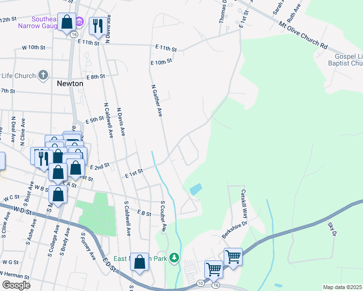 map of restaurants, bars, coffee shops, grocery stores, and more near 803 East 1st Street in Newton