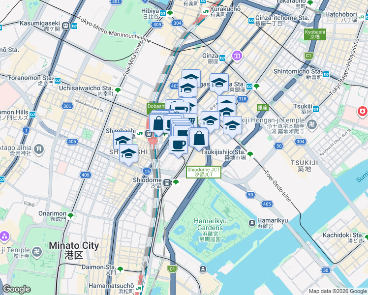 map of restaurants, bars, coffee shops, grocery stores, and more near in Minato City