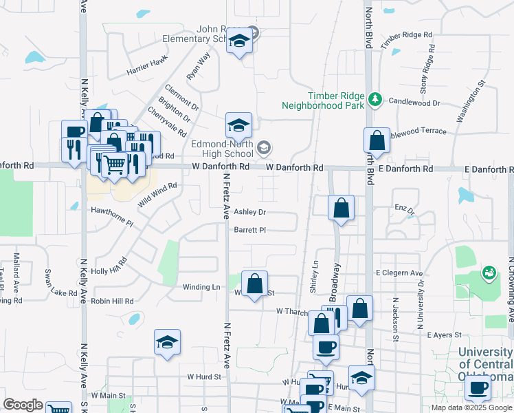 map of restaurants, bars, coffee shops, grocery stores, and more near 215 Ashley Drive in Edmond