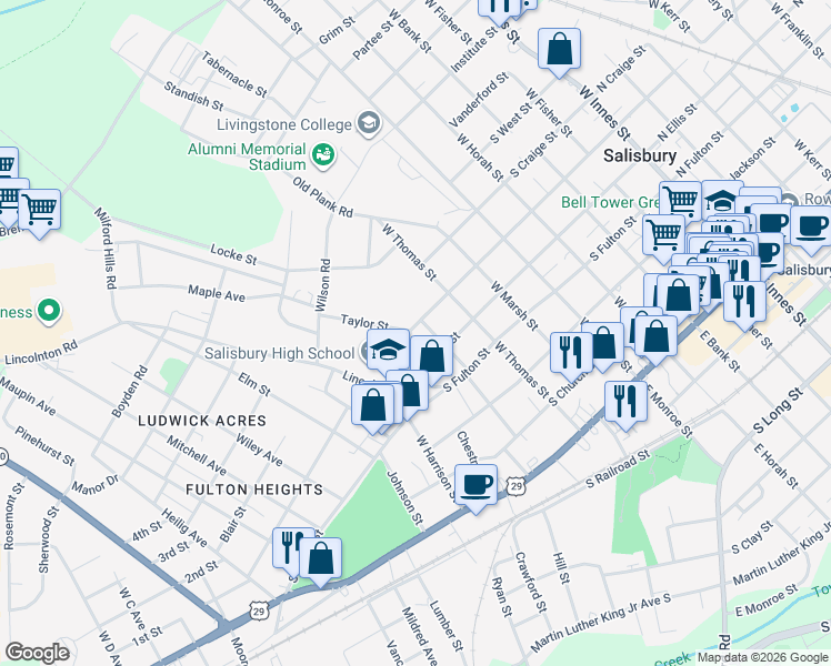 map of restaurants, bars, coffee shops, grocery stores, and more near 521 West McCubbins Street in Salisbury