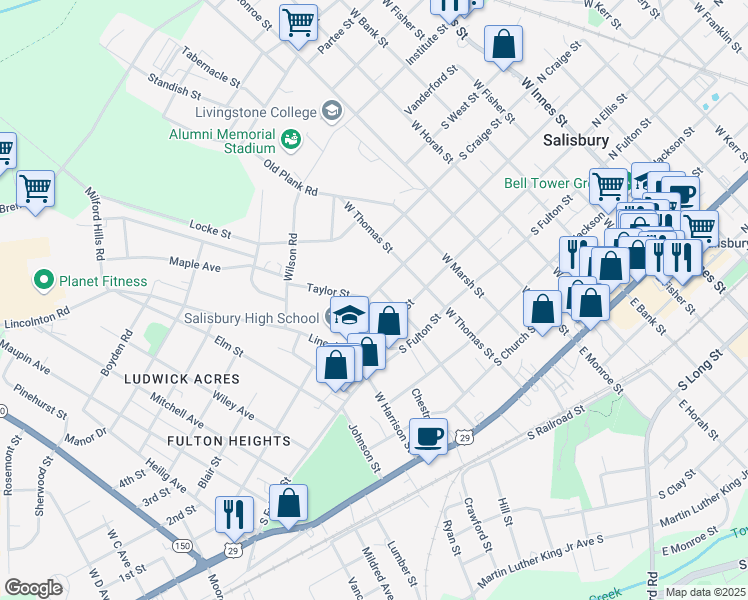 map of restaurants, bars, coffee shops, grocery stores, and more near 807 South Caldwell Street in Salisbury
