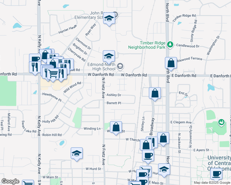 map of restaurants, bars, coffee shops, grocery stores, and more near 217 Ashley Drive in Edmond