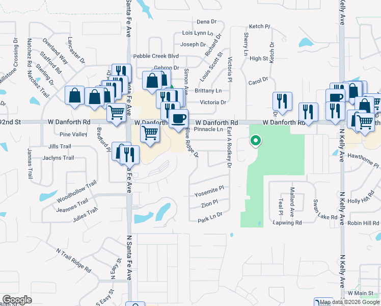 map of restaurants, bars, coffee shops, grocery stores, and more near 1017 Blue Ridge Drive in Edmond