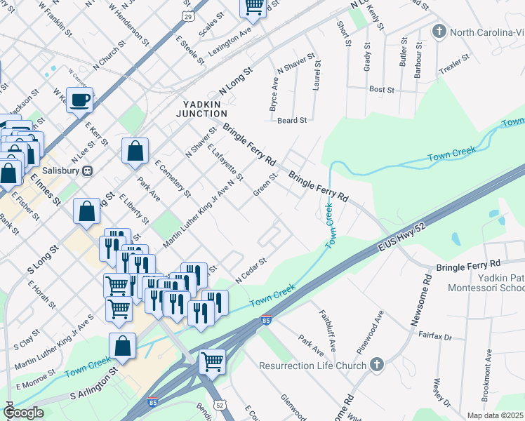map of restaurants, bars, coffee shops, grocery stores, and more near 827 East Lafayette Street in Salisbury