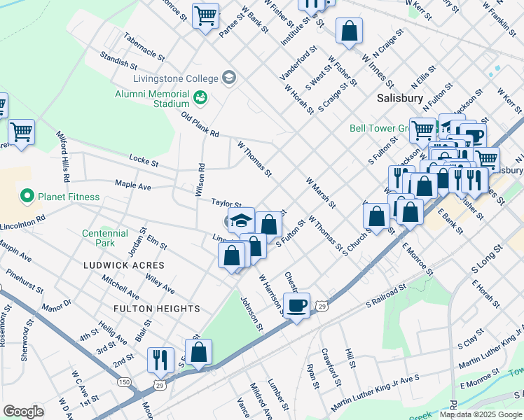 map of restaurants, bars, coffee shops, grocery stores, and more near 521 West McCubbins Street in Salisbury