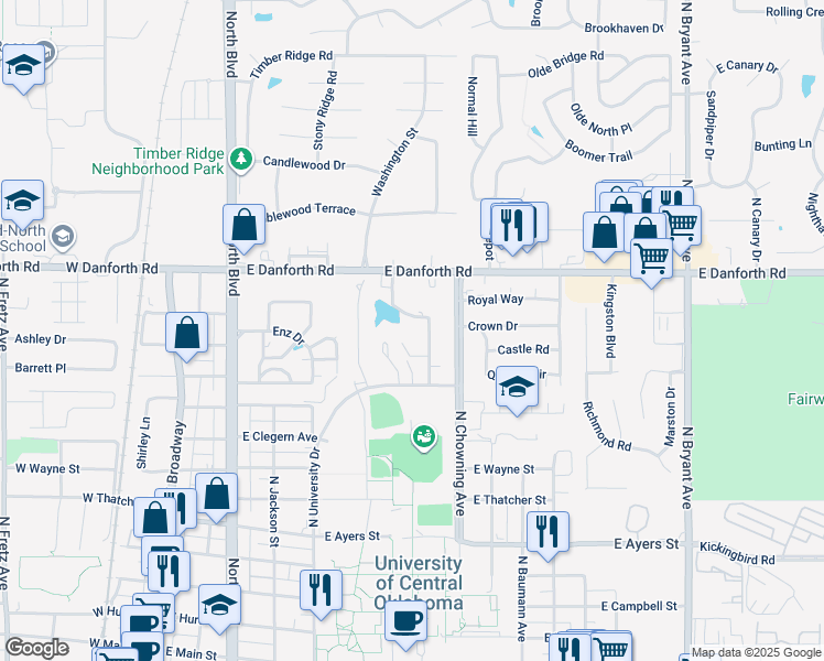 map of restaurants, bars, coffee shops, grocery stores, and more near 710 Churchill Road in Edmond