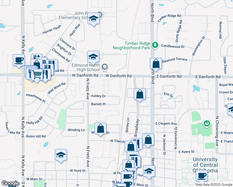 map of restaurants, bars, coffee shops, grocery stores, and more near 115 Ashley Drive in Edmond